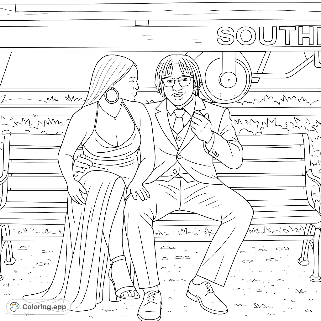 A romantic couple on a bench by train tracks, perfect for a love-themed coloring page. Features intricate details for a rewarding coloring experience.