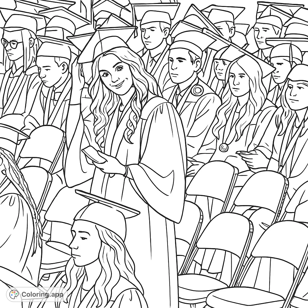 Celebrate success with this graduation coloring page! Features a smiling graduate in cap and gown, surrounded by fellow students.