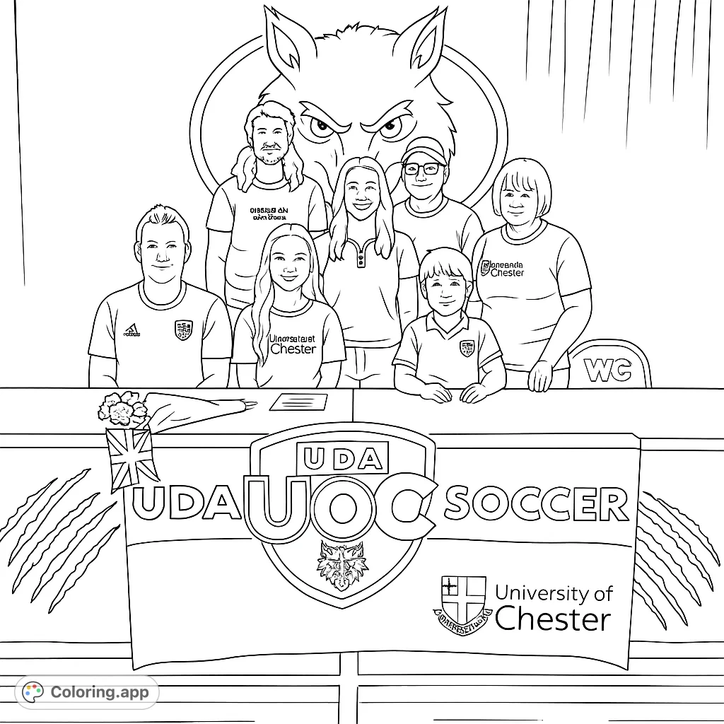 Celebrate a special soccer signing with this detailed coloring page featuring a group of people, university banners, and festive elements.