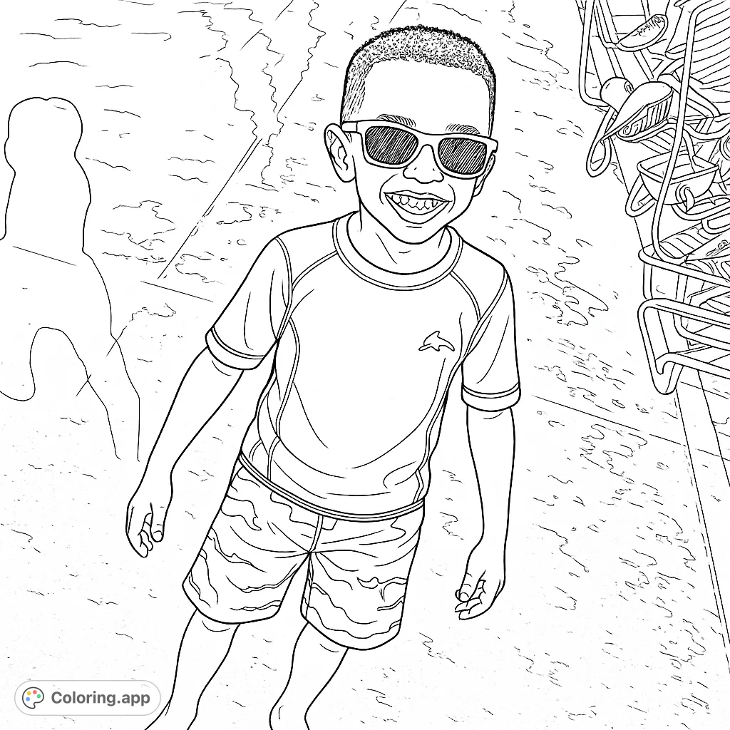 A cheerful boy in swim gear and cool sunglasses stands by the pool, ready for fun. Perfect for a summer-themed coloring page, capturing a joyful moment.