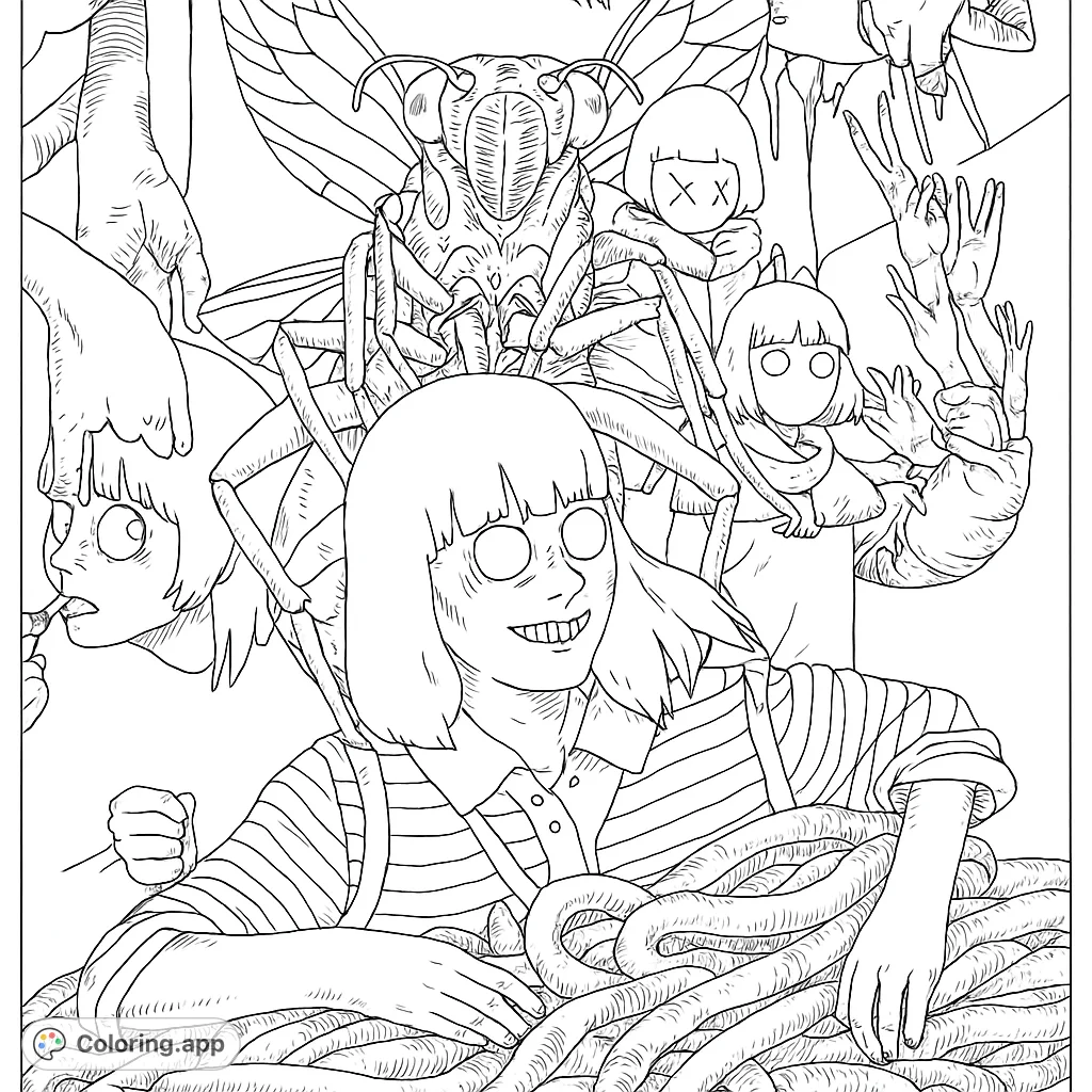Dive into a bizarre world with a detailed insect, expressive figures, and a pile of worms. A unique, intricate surreal art coloring page.