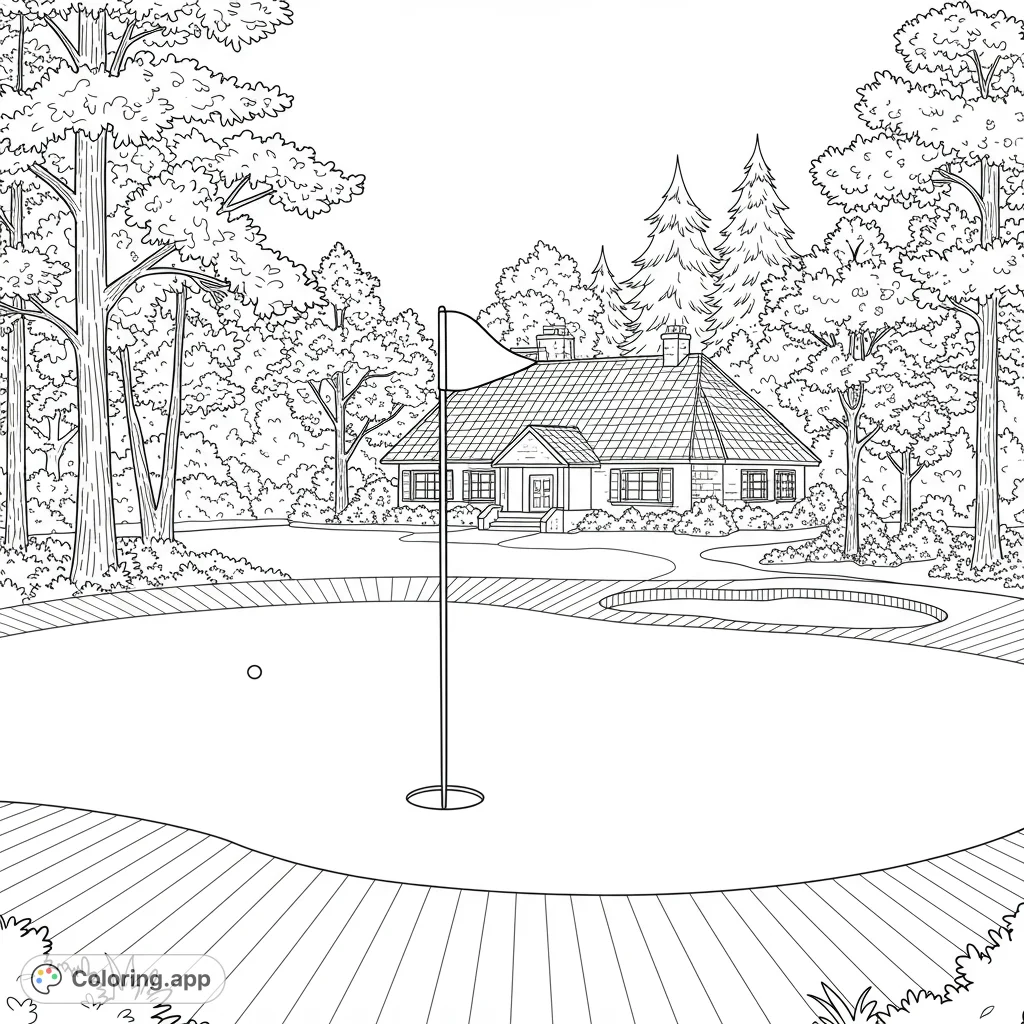 A tranquil golf green with a flagstick, classic clubhouse, and lush trees. Perfect for a relaxing coloring experience, offering both detailed and open areas.