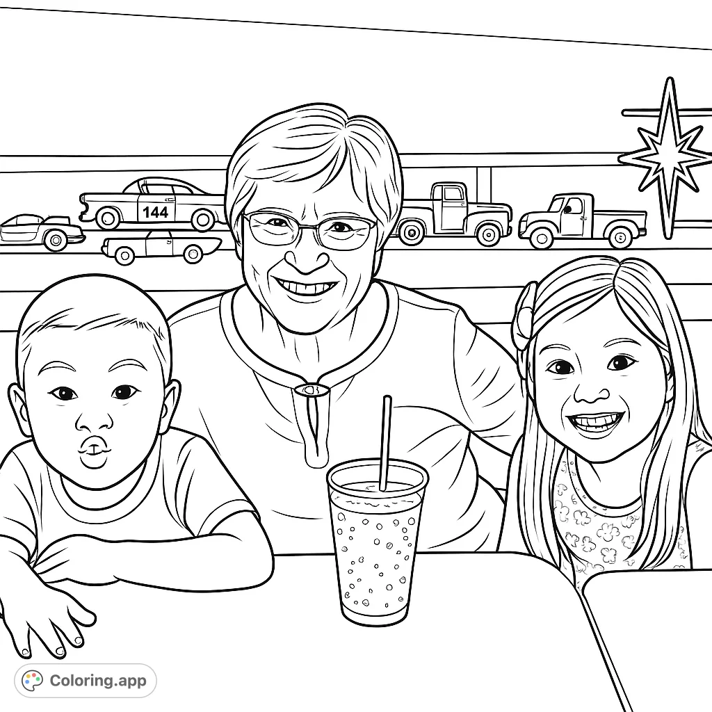A heartwarming family portrait featuring a grandmother and two children at a table, with a background of classic model cars. Perfect for all ages!