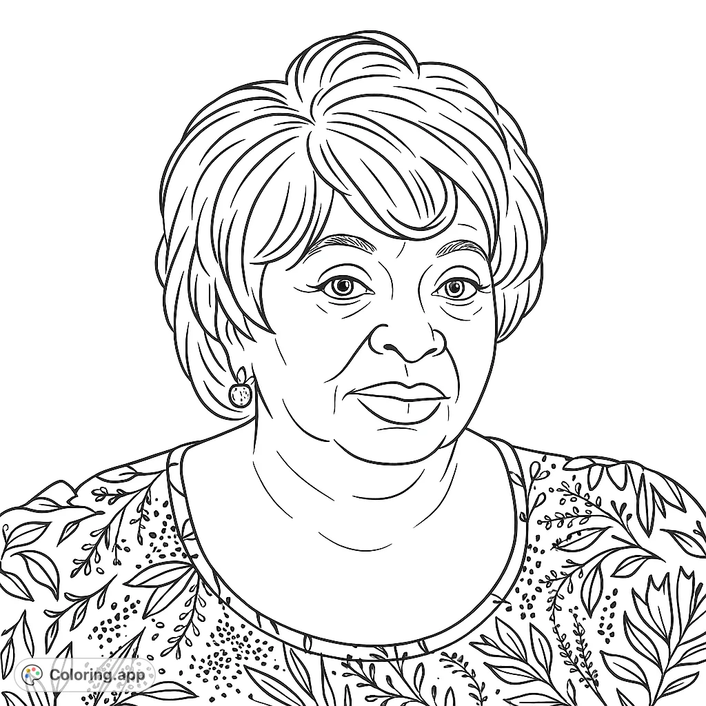 An elegant woman with a gentle expression, featuring a detailed patterned top and sparkling earring, perfect for a sophisticated coloring experience.