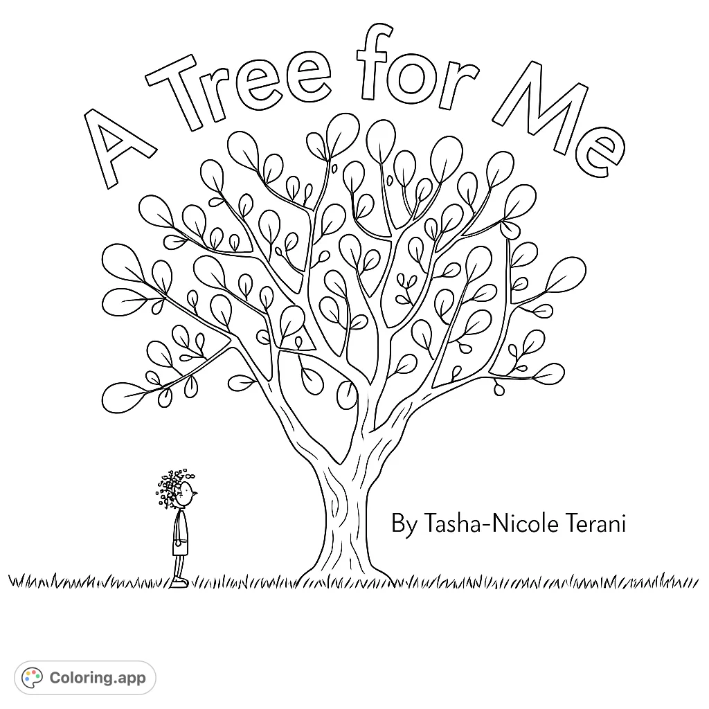 A charming, simple coloring page featuring a small child looking up at a whimsical, leafy tree. Perfect for young artists to explore nature's beauty.