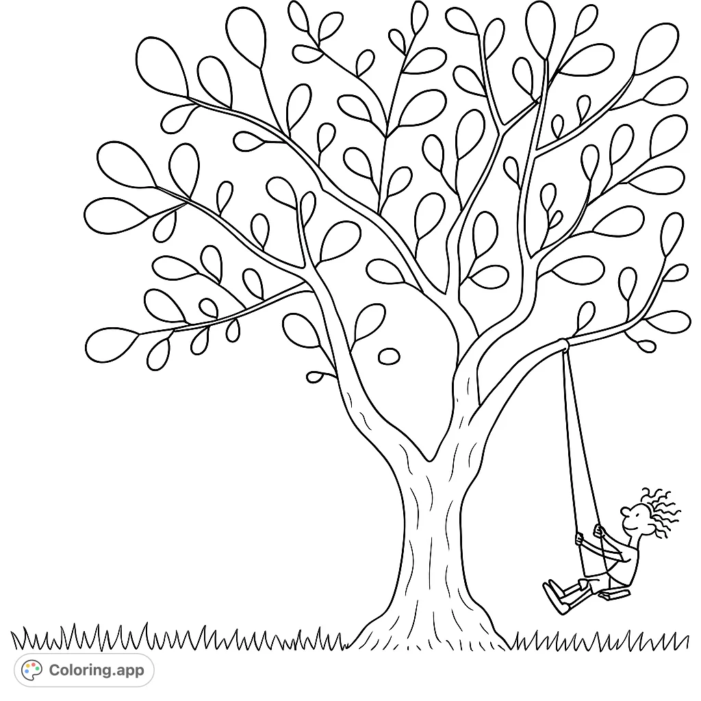 A delightful tree swing coloring page featuring a happy child on a swing under a large, leafy tree. A free printable coloring page for kids and adults.