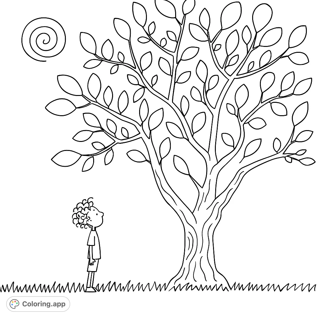 A charming tree coloring page featuring a child looking up at a whimsical tree with unique leaves and a spiral sun. Perfect for young artists!