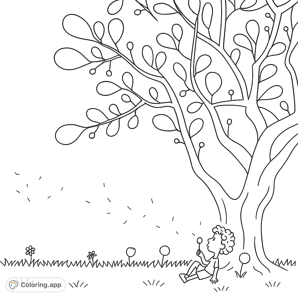 A child sits peacefully under a grand tree, blowing dandelion seeds into the breezy sky. A charming nature scene for coloring fun.