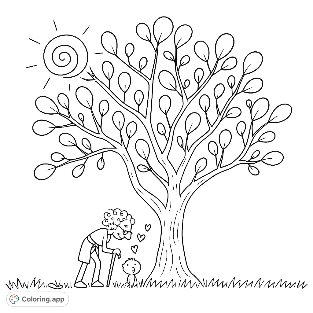 A heartwarming nature coloring page featuring a child watering a large, leafy tree under a spiral sun. Perfect for young artists to explore growth and care.
