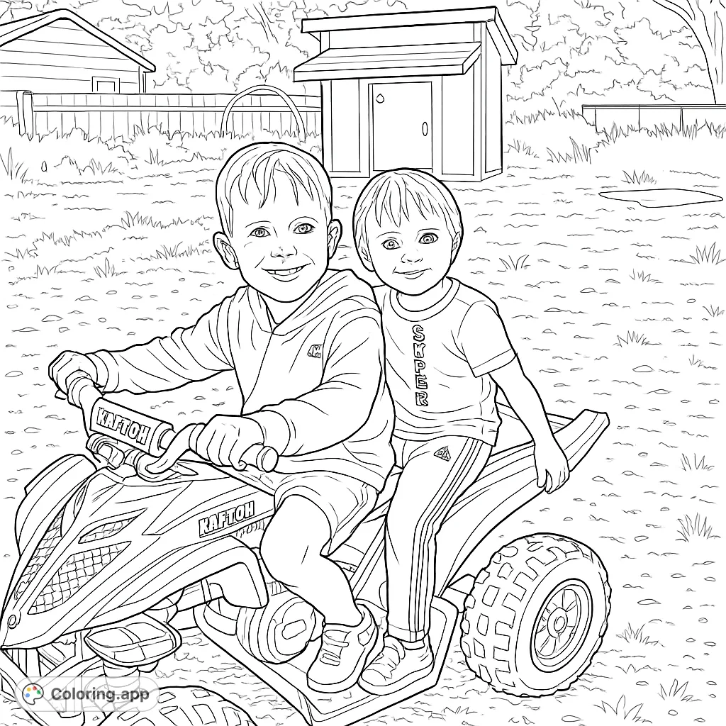 Two happy boys on a powerful ATV, ready for adventure! A fun outdoor scene with sheds and trees, perfect for a kids' vehicle coloring page.