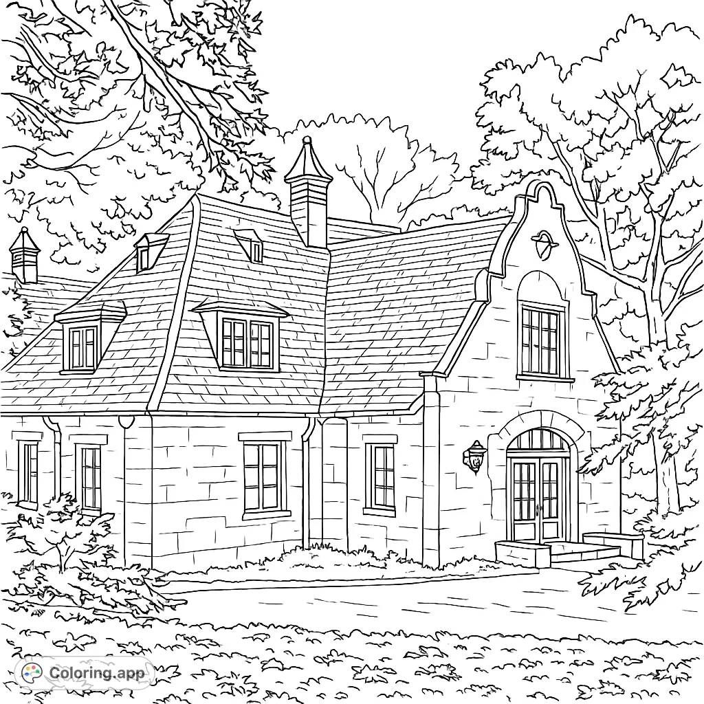 Color a grand historic stone house with intricate details, surrounded by lush trees and fallen leaves. A challenging architectural coloring page.