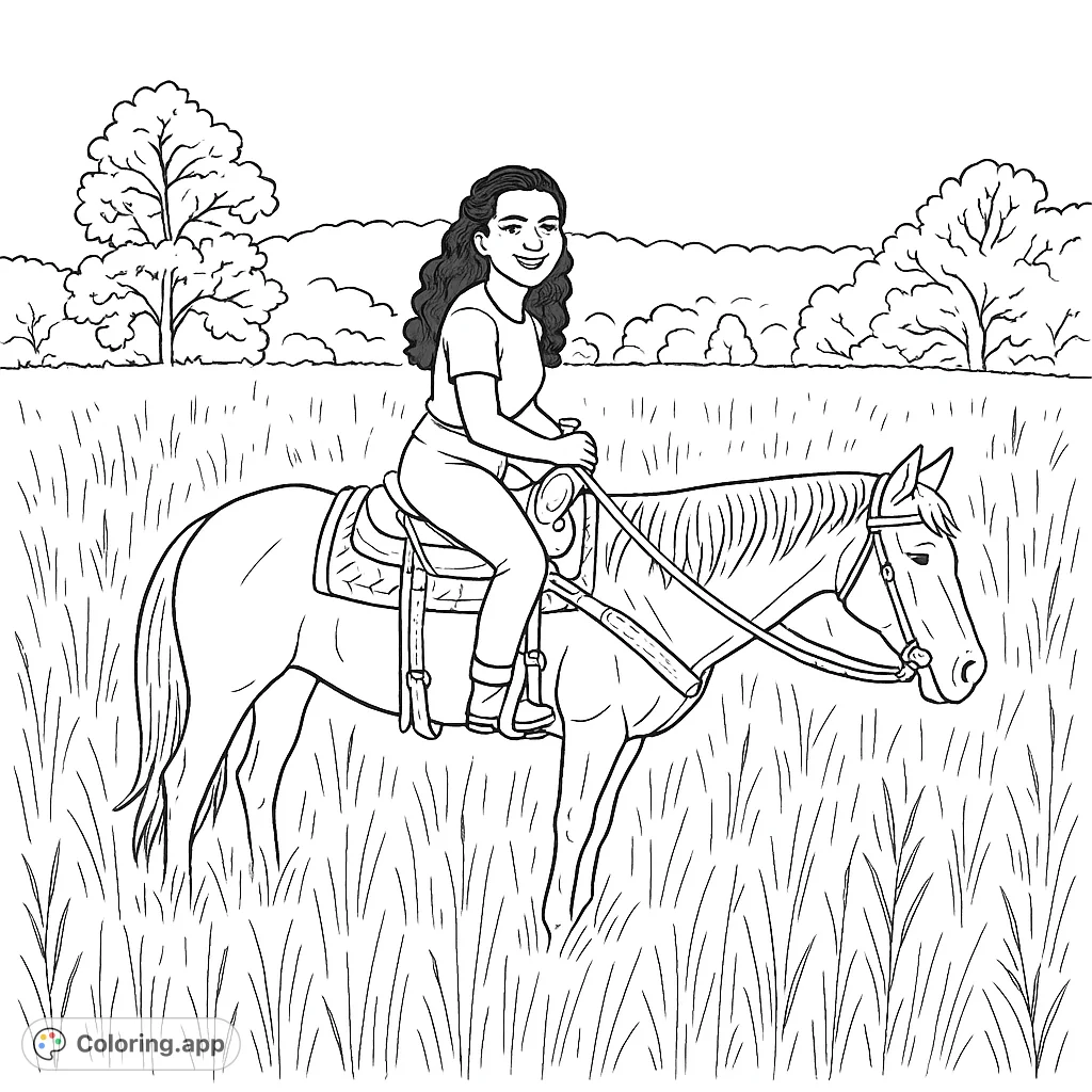 A serene horseback riding scene featuring a person on a horse in a vast, grassy meadow with distant trees. Perfect for nature and animal lovers.