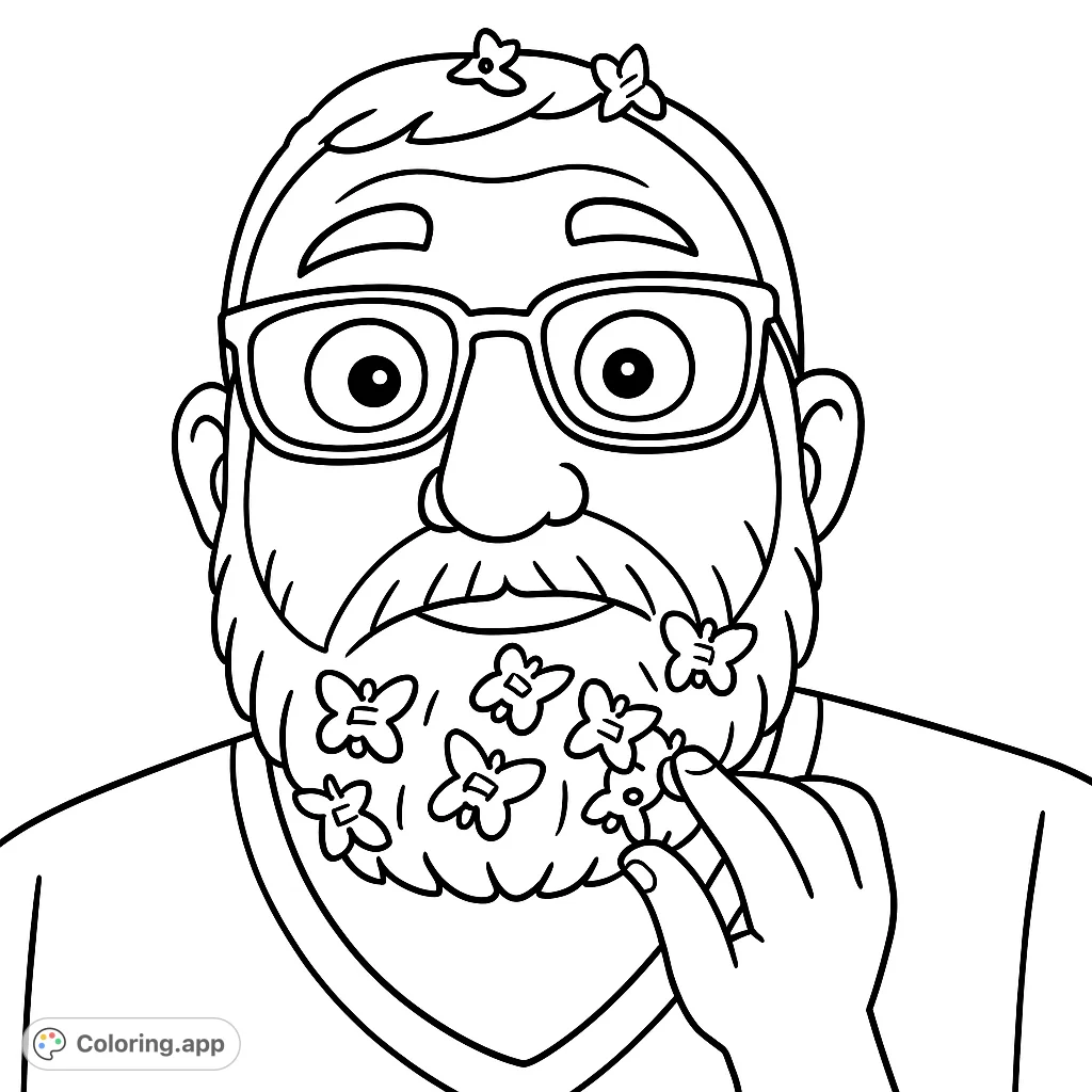 A whimsical coloring page featuring a surprised man adorned with playful butterfly clips in his beard and hair. A fun, simple design for creative coloring.