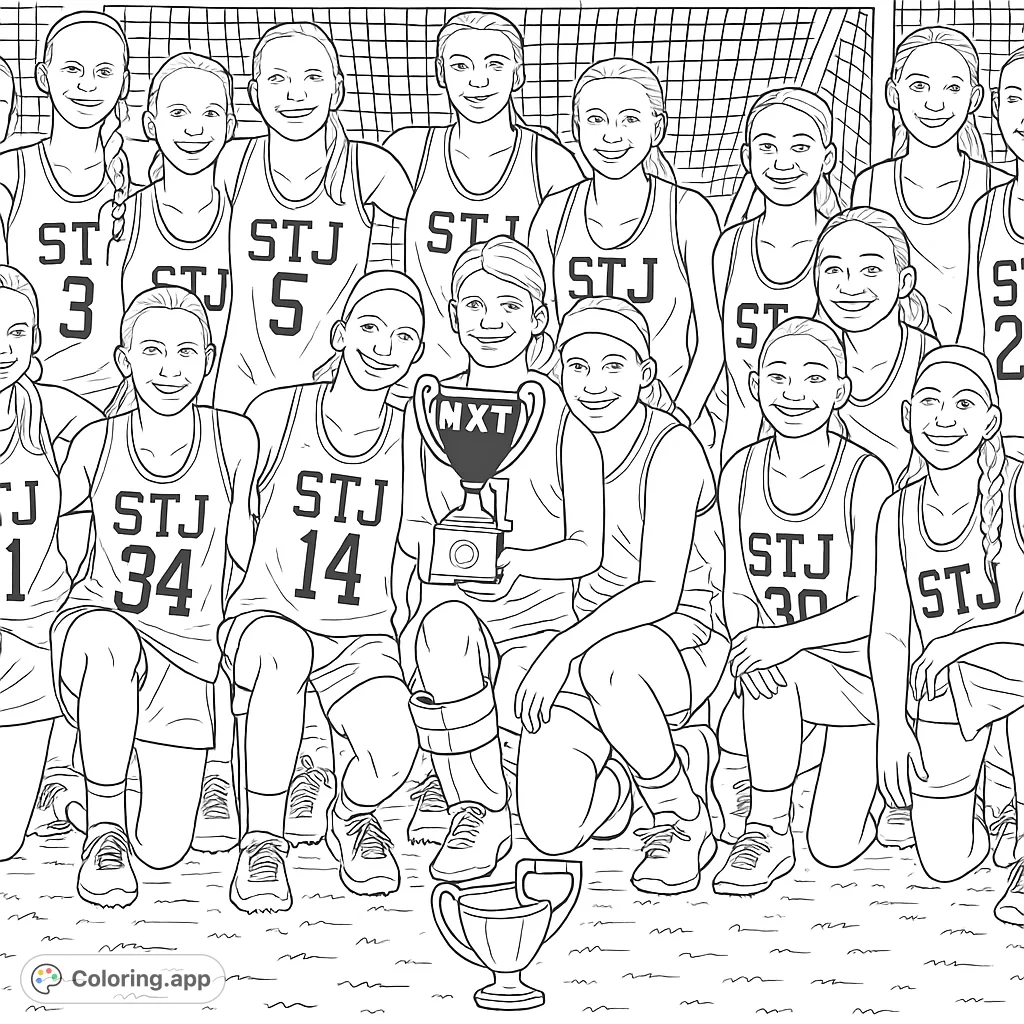Celebrate teamwork with this lacrosse team coloring page! A group of smiling young athletes, some kneeling, some standing, proudly display their trophy on the field.