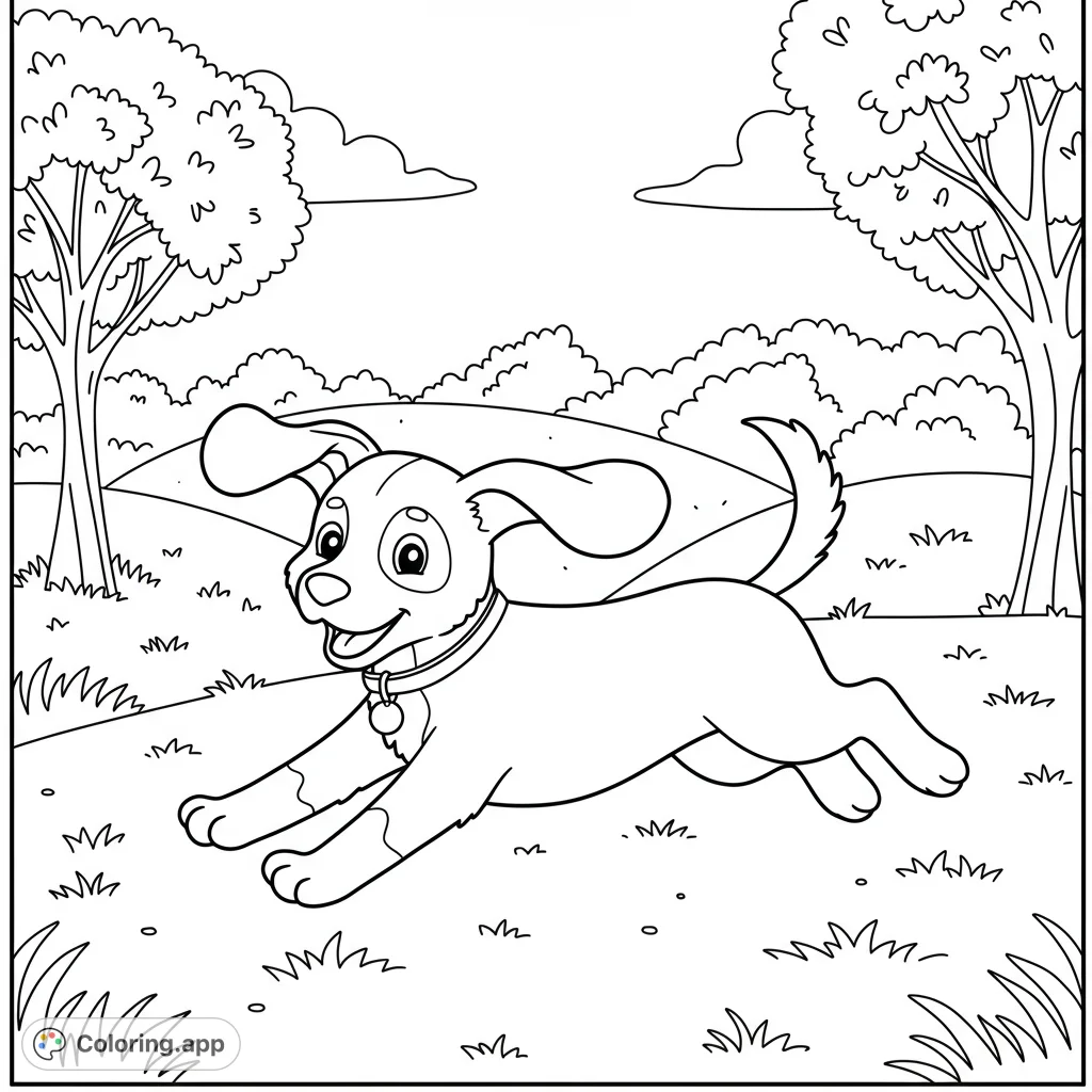 A delightful puppy dashes through a sunny park, perfect for a fun and engaging coloring experience. Capture its joyful energy!