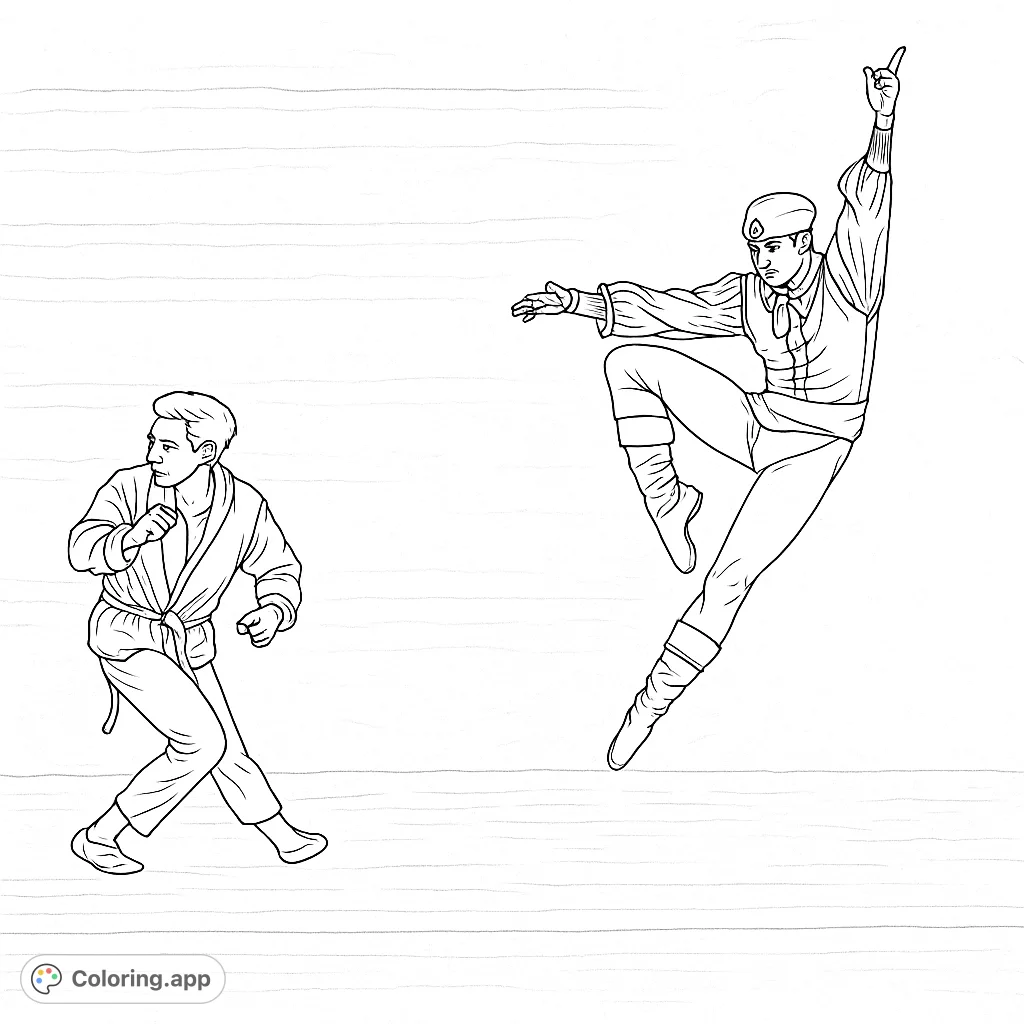 Dynamic ballet dancers in mid-air and on stage, capturing the grace and power of performance. A captivating dance coloring page for all ages.