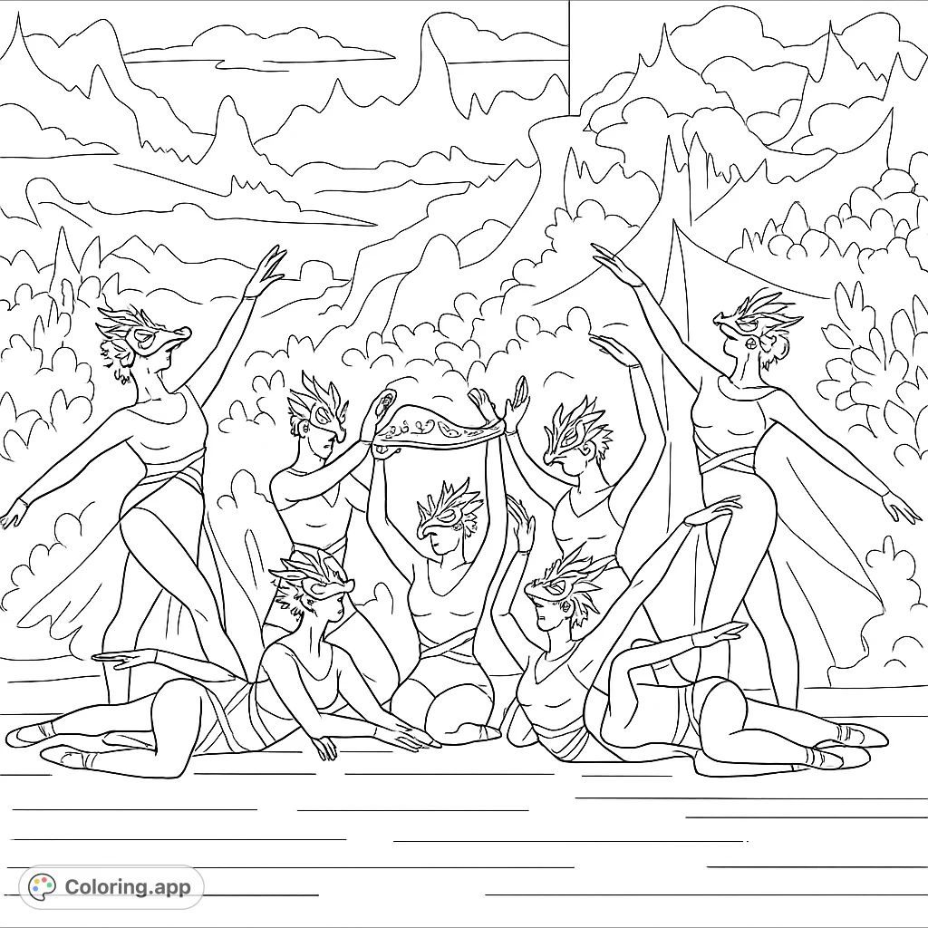 A dynamic dragon dance coloring page featuring eight masked performers in a captivating tableau with a mystical golden object against a fiery backdrop.