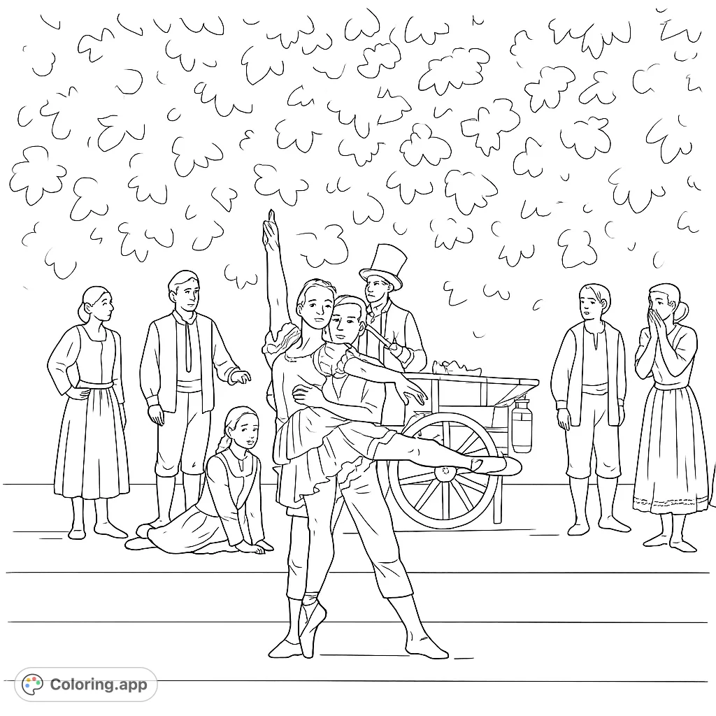 Dynamic ballet duo on stage, surrounded by an ensemble and theatrical props, offering a captivating scene for vibrant coloring.