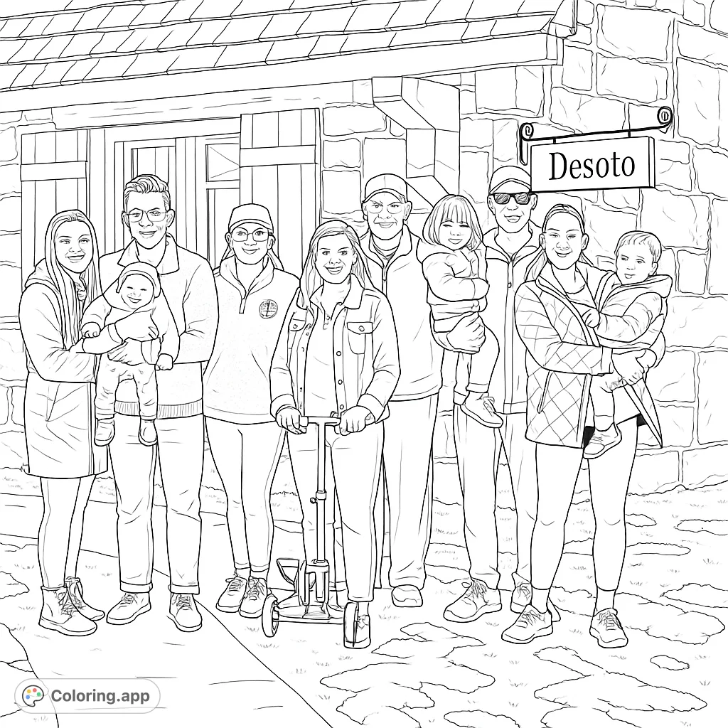 A heartwarming family gathering in front of a charming stone building, perfect for a relaxing coloring experience. Features multiple generations and a rustic setting.