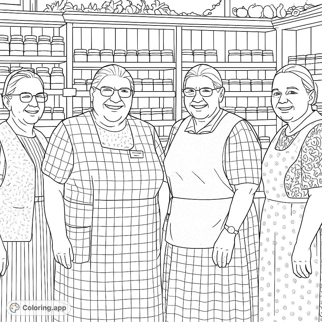 Four smiling women in traditional attire stand before shelves brimming with jars of homemade preserves, inviting a warm, community-focused coloring experience.