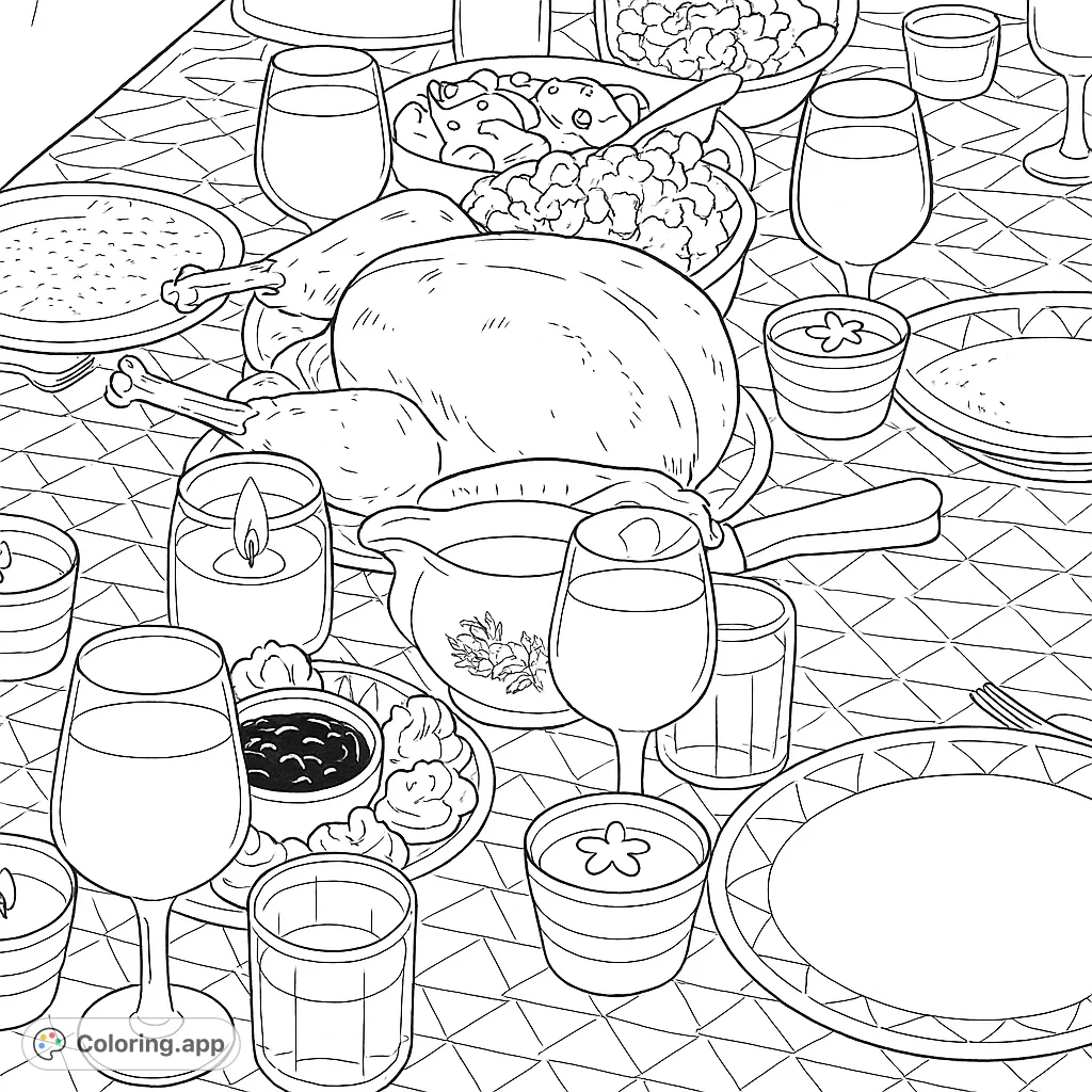 A bountiful holiday feast coloring page featuring a roasted turkey centerpiece, delicious side dishes, and a beautifully set table, perfect for festive coloring.