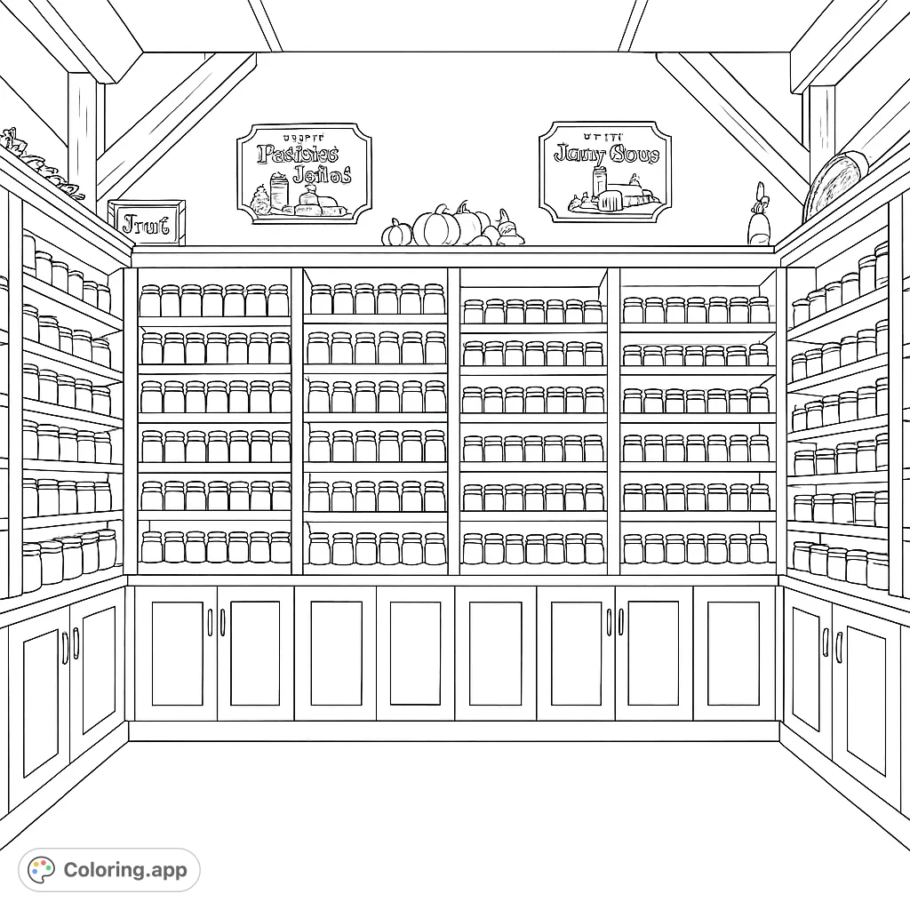Explore a charming, well-stocked rustic pantry filled with hundreds of jars of homemade preserves and pickles, perfect for detailed coloring.