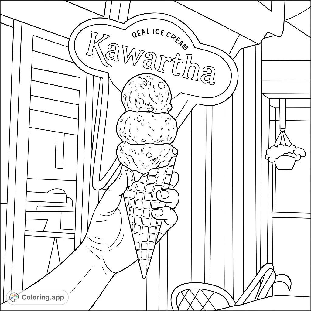 A delightful triple scoop ice cream cone held by a hand, featuring a waffle cone and three distinct scoops, perfect for a sweet coloring adventure.
