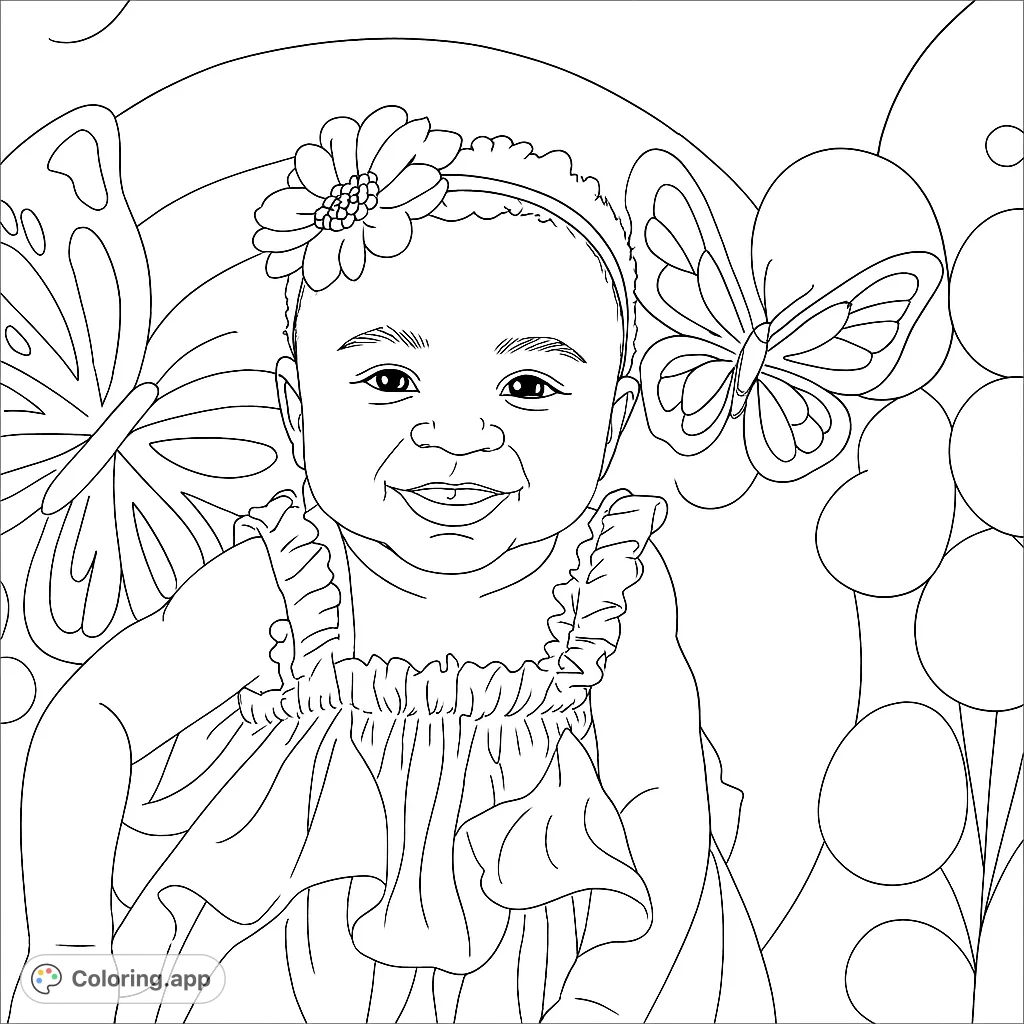 A delightful baby with a big smile, wearing a ruffled dress and a beautiful flower headband, set against a whimsical background of butterflies and balloons.