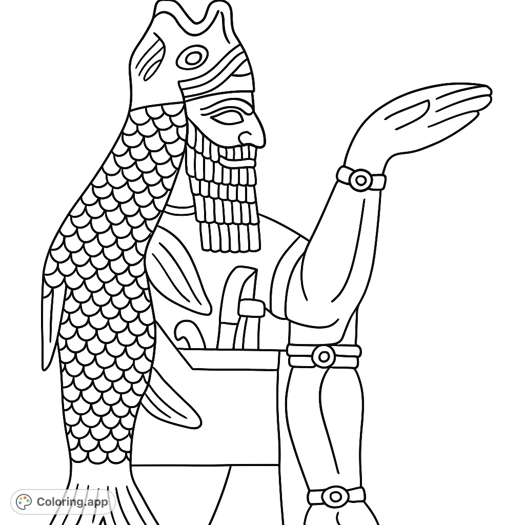 Color an ancient figure in a fish cloak, featuring intricate scales, a detailed beard, and a unique headdress. A historical and mythical design.