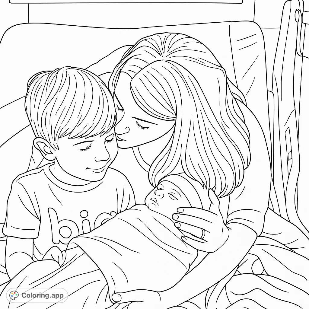 A tender family bonding coloring page featuring a mother, older child, and newborn baby in a heartwarming embrace. Perfect for all ages.