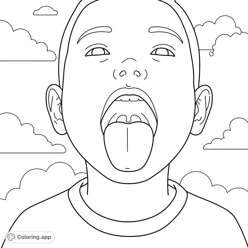 A fun, cartoony coloring page featuring a boy demonstrating proper tongue posture, with a clear view of his tongue suctioned to his palate.