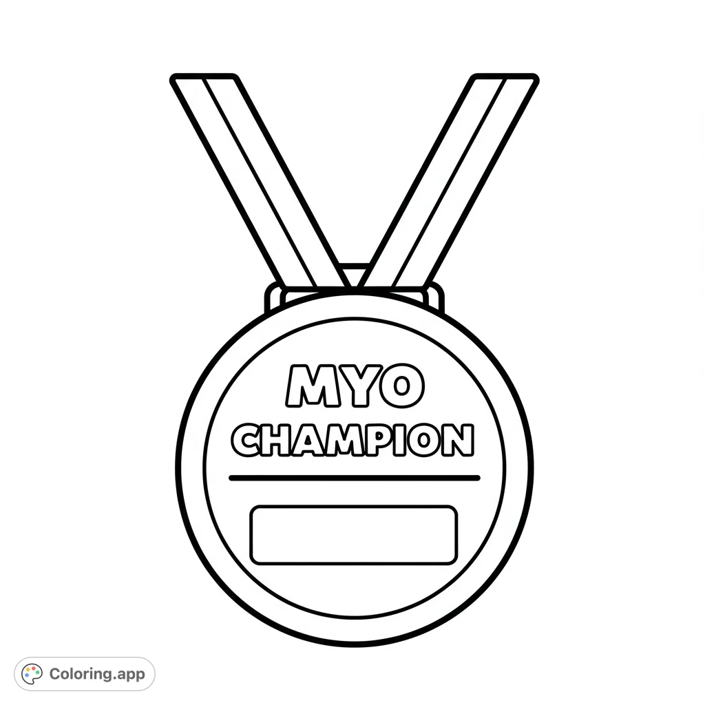 A fun, cartoony medal coloring page featuring "MYO Champion" and a name space, perfect for celebrating achievements. Free printable award coloring page.
