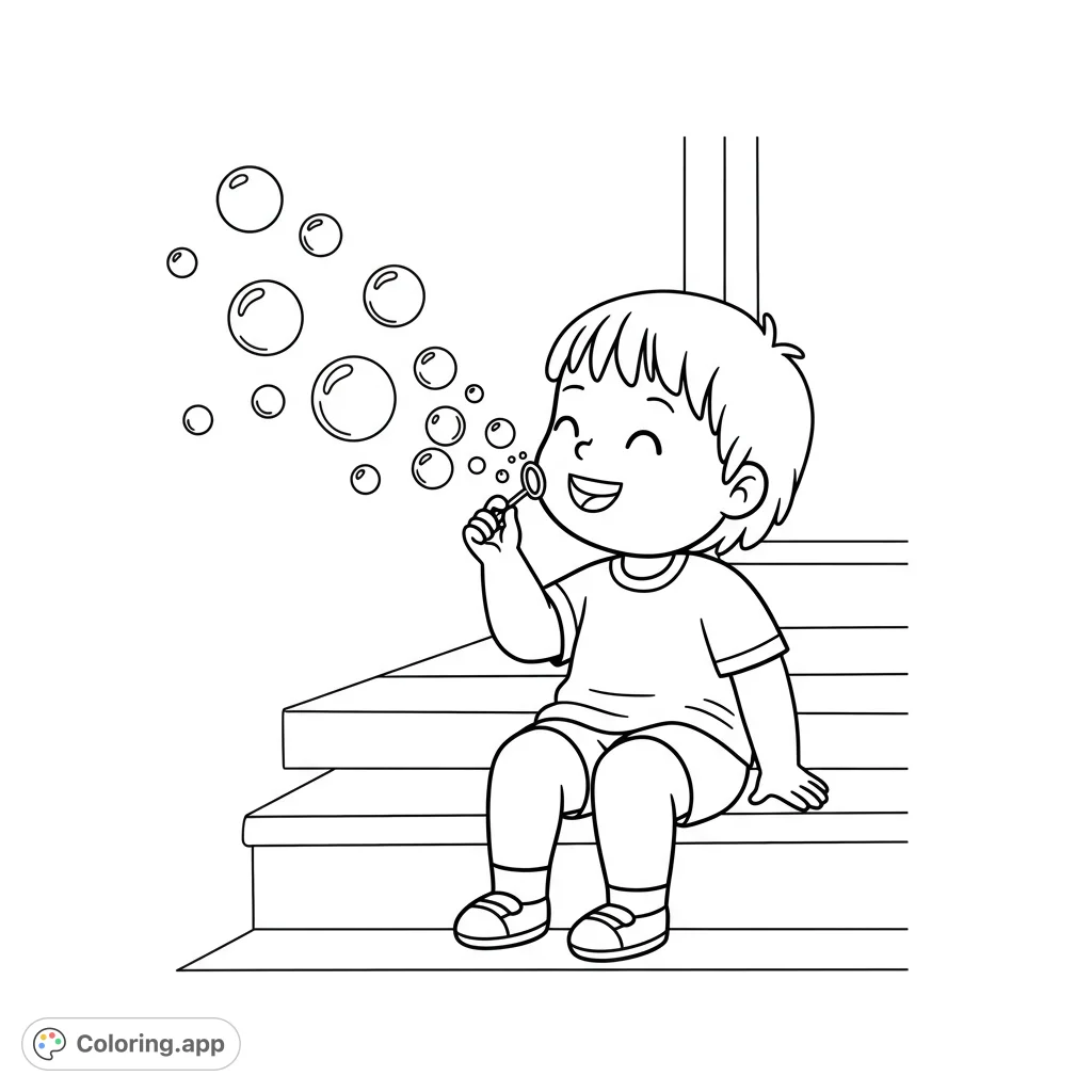 A delightful cartoony black and white line drawing of a child gently blowing bubbles on porch steps, perfect for a relaxing coloring experience.
