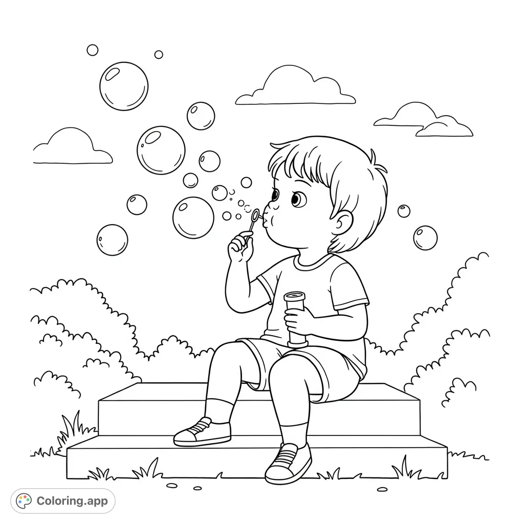 A delightful child blowing bubbles on a sunny porch, perfect for a free printable child blowing bubbles coloring page. Simple, cartoony lines for kids.