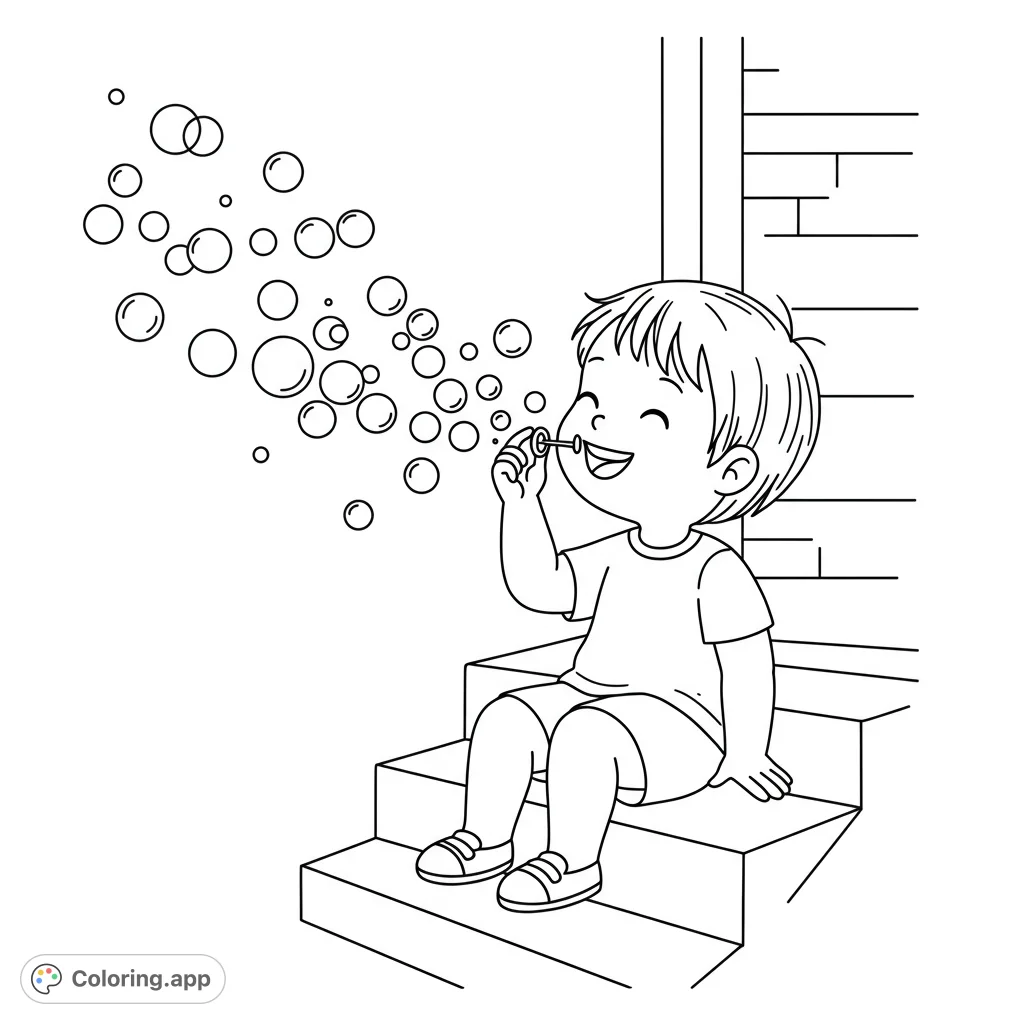 A delightful cartoony black and white line drawing of a child gently blowing bubbles on porch steps, perfect for a relaxing coloring experience.