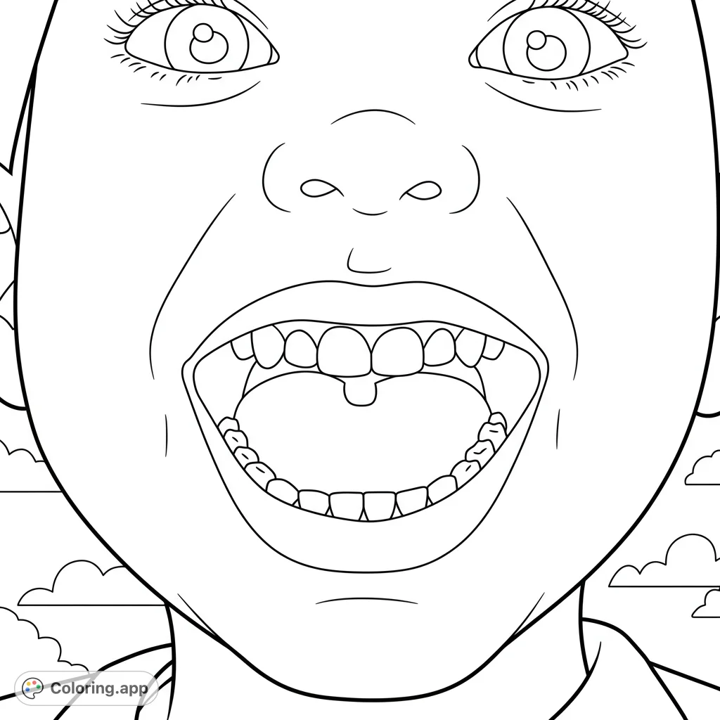 A charming cartoony child's face with an open mouth, showing a tongue on the roof and straight teeth, set against simple, pretty skies.