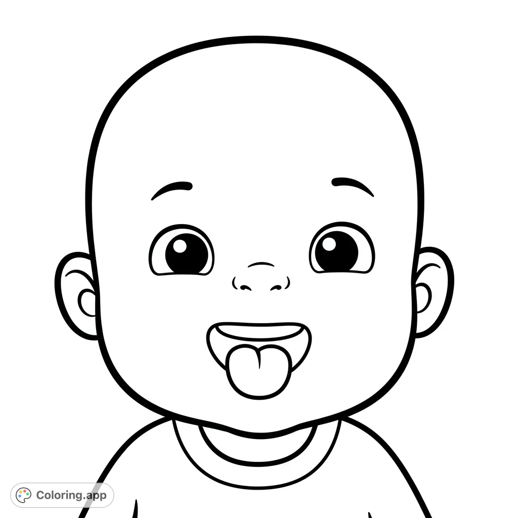 A delightful cartoony child with tongue curled, perfect for young artists. Simple, bold lines make this a fun and easy coloring page for kids.