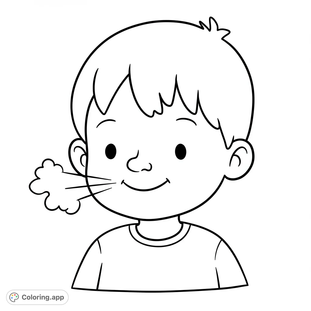 A charming cartoony boy with a closed-mouth smile, showing gentle nose breathing. A simple, free printable boy coloring page for kids.