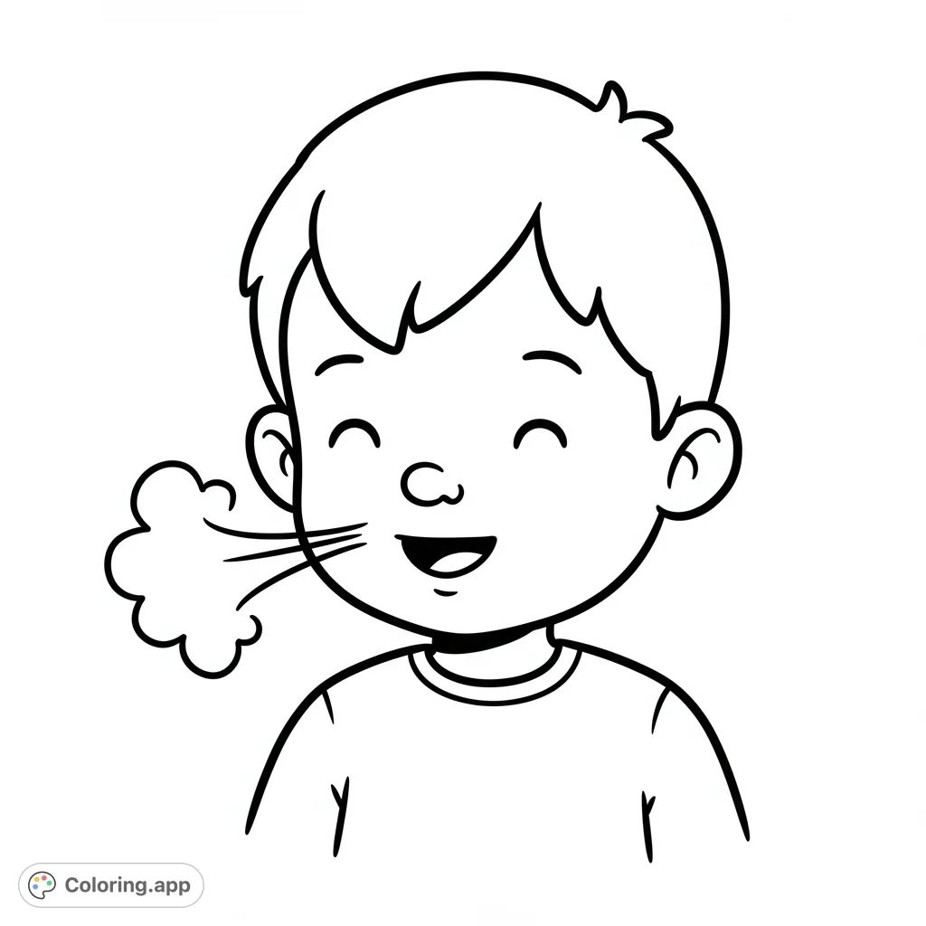 A cheerful boy with a closed-mouth smile, demonstrating healthy nose breathing with clear airflow lines. A simple, cartoony design perfect for young colorists.