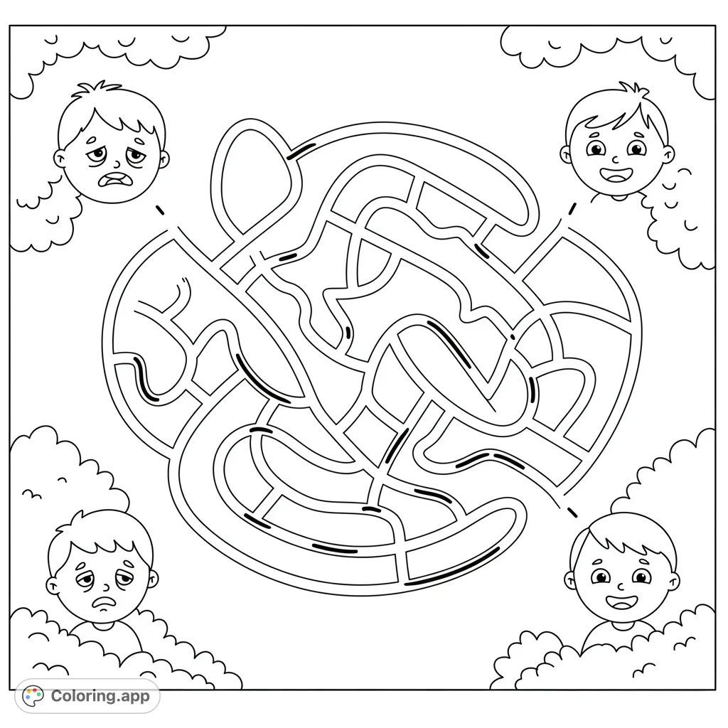 Navigate a fun, cartoony maze from a tired child to a happy one! A simple, free printable maze coloring page for kids and adults.