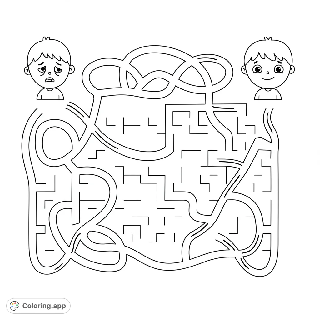 Navigate a fun, cartoony maze from a tired child to a happy one! A simple, free printable maze coloring page perfect for kids and adults.