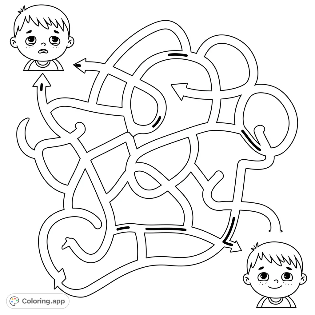 Navigate a fun, cartoony maze from a tired child to a happy one! A simple, free printable maze coloring page perfect for kids and adults.