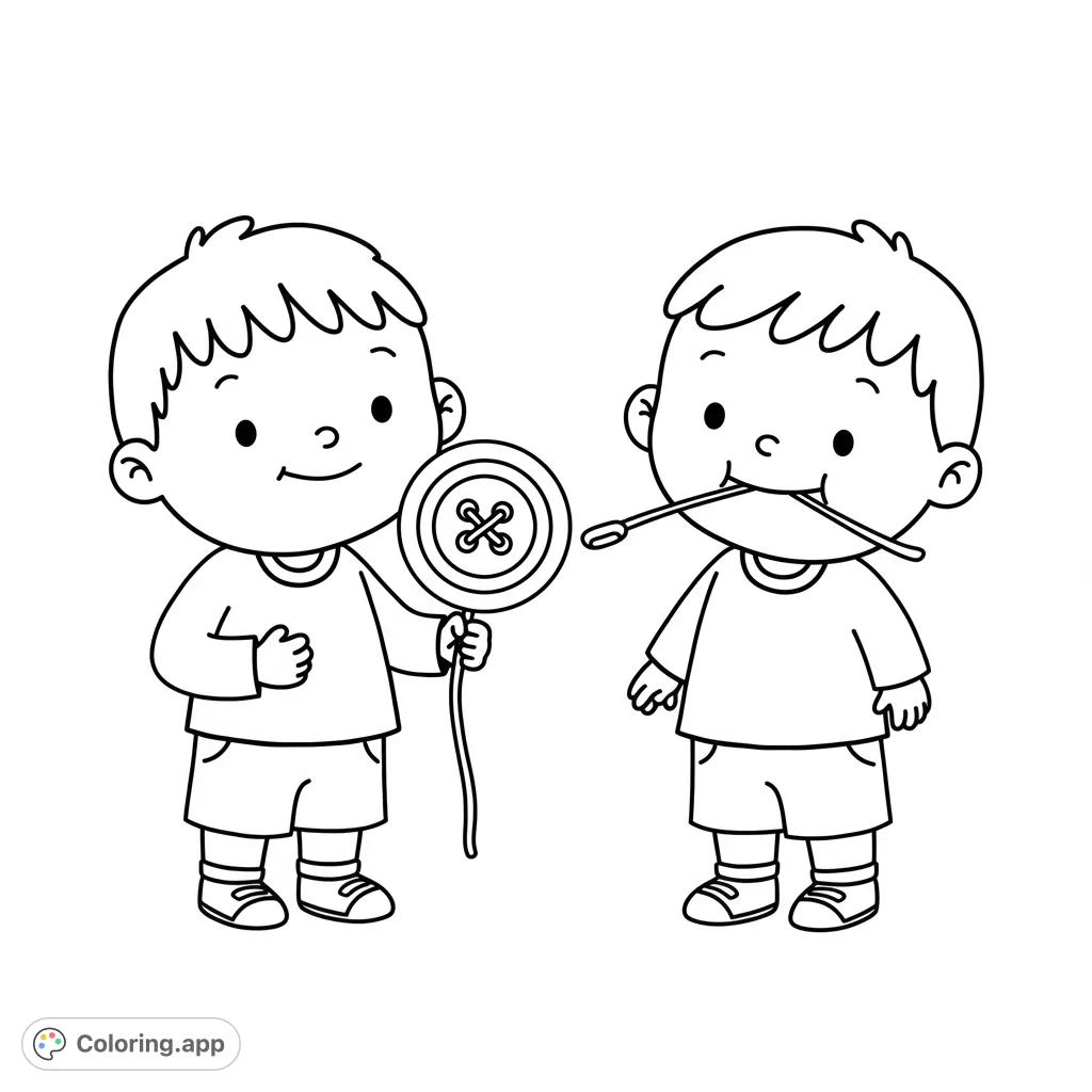 A delightful kids coloring page featuring two friends playing with a button and string, perfect for young artists to explore colors and creativity.