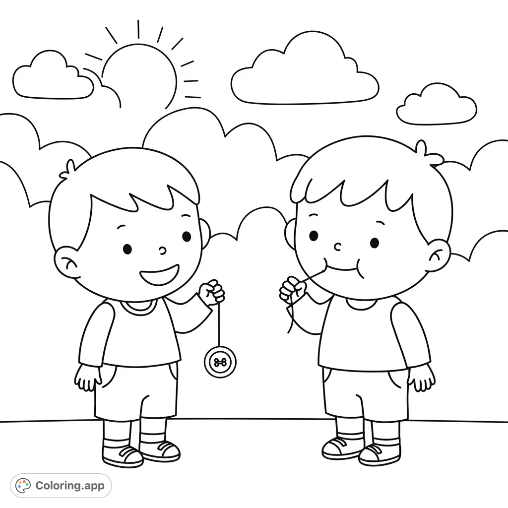 A delightful cartoony coloring page featuring two kids playing with a string and button, perfect for sparking imagination and creativity.