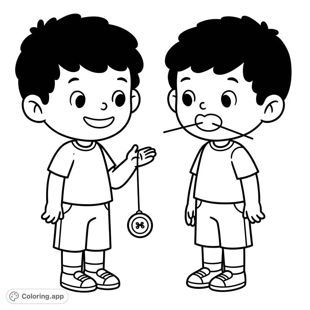 A delightful cartoony coloring page featuring two kids playing with a string telephone, perfect for young artists to bring to life with vibrant colors.