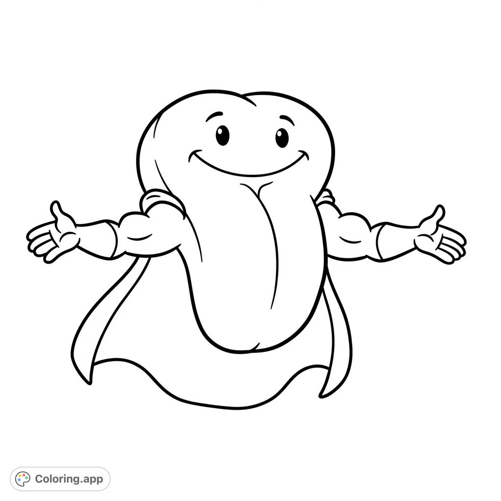 Meet MYO, the friendly superhero tongue character with a cape and strong, inviting arms. A fun, simple design perfect for a free printable superhero coloring page!