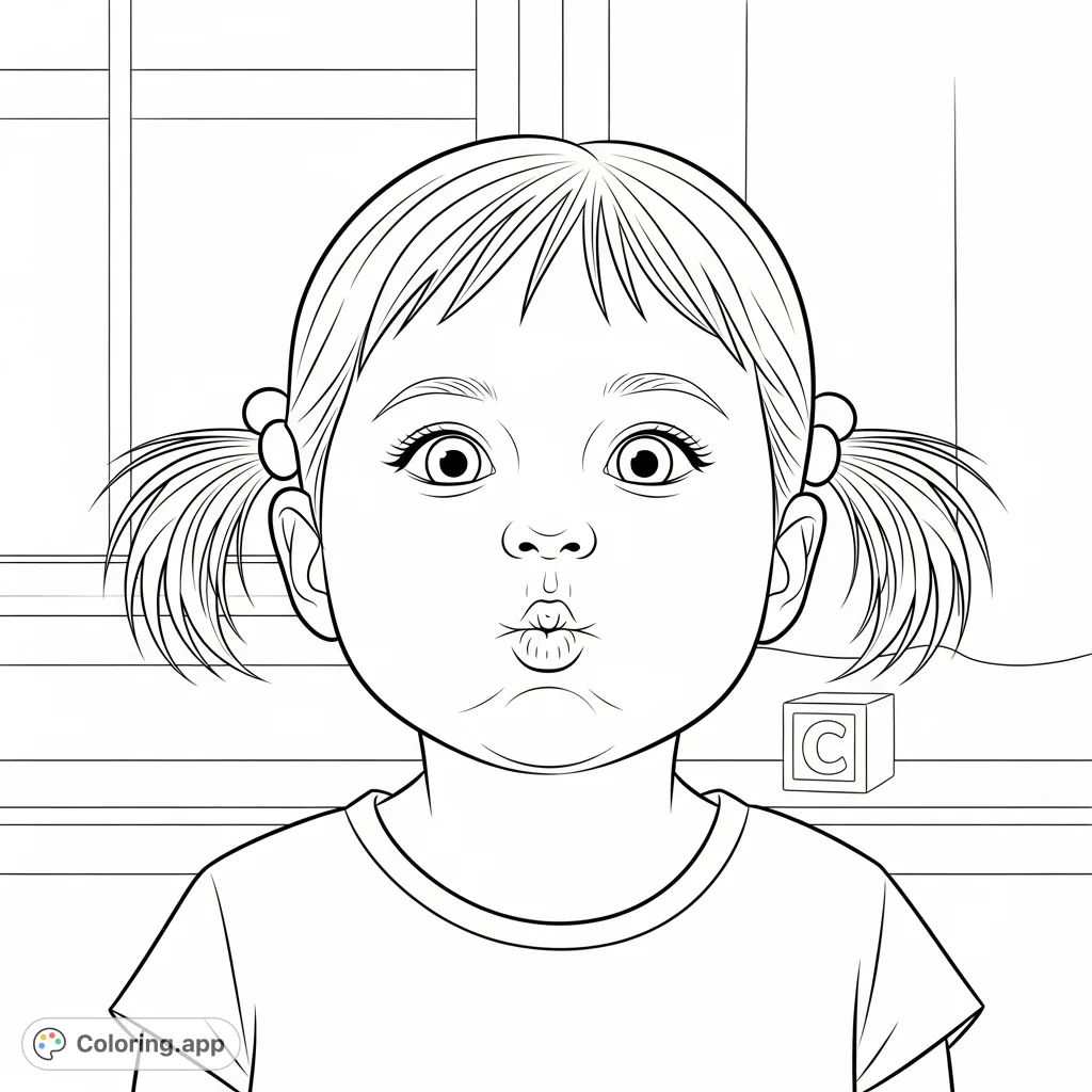 A charming coloring page featuring a little girl with her cheeks playfully puffed out, ready for a fun coloring adventure. Perfect for young artists.