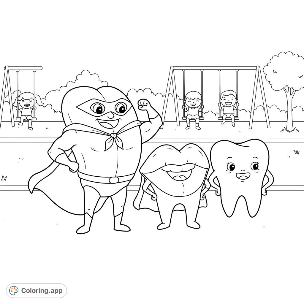 An exciting oral health coloring page featuring a tongue superhero, lips, and tooth characters with happy kids on swings. A free printable coloring page for all ages!