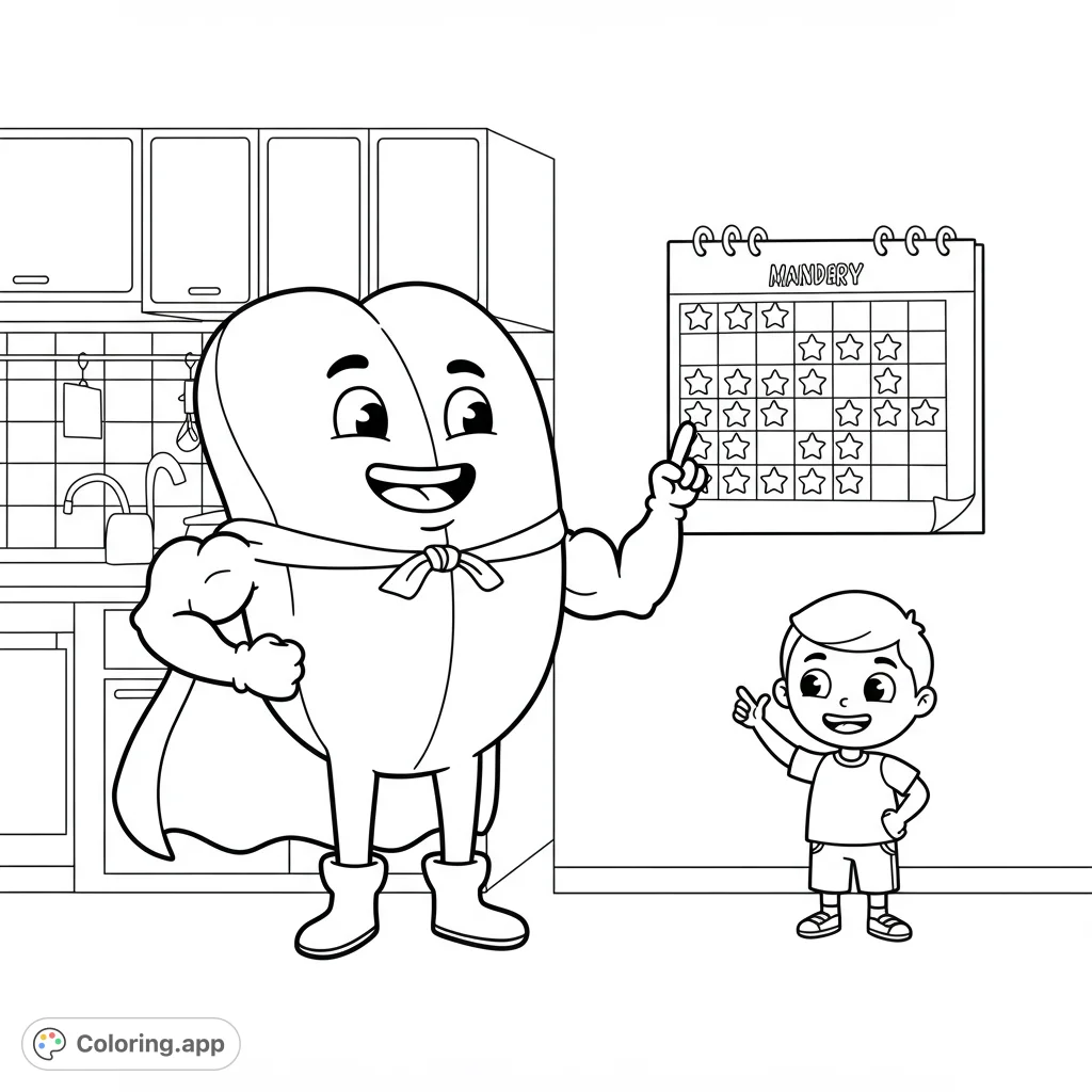 Celebrate achievements with this fun superhero tongue character and proud child pointing to a star-filled calendar. A delightful, free printable coloring page!