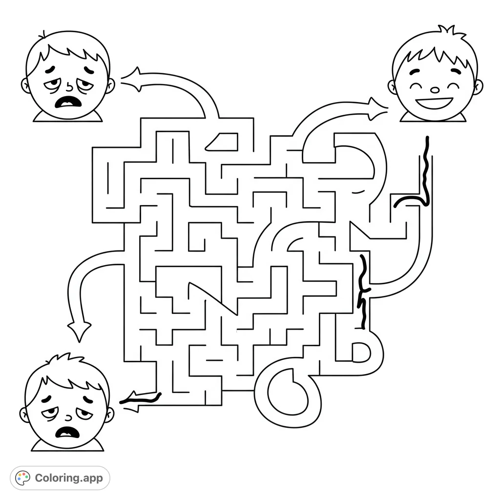 Navigate a fun, cartoony maze from a tired, sad child to a happy, smiling one. A simple, bold line drawing perfect for a relaxing coloring experience.